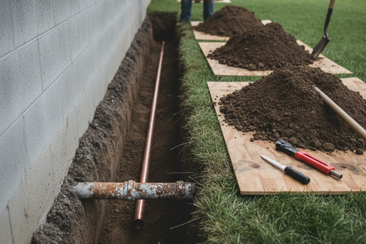 Excavated water line trench during Water Softener Installation in Angier